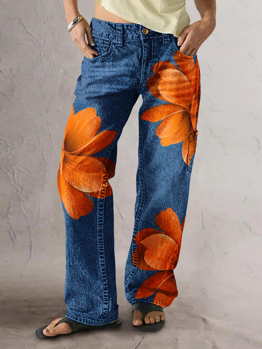 Women's Retro Style Art Print Casual Pocket Button Wide Leg Pants